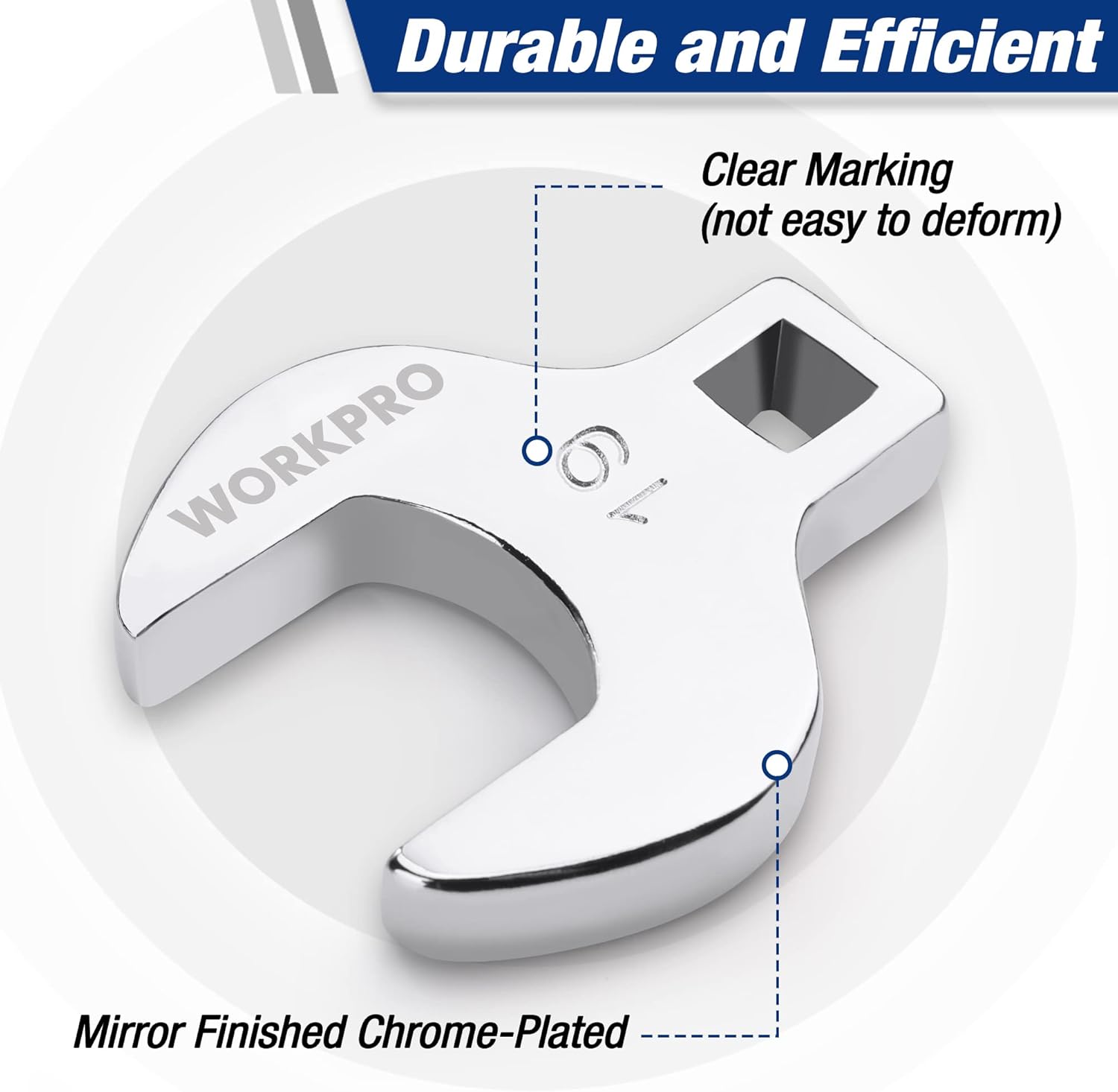 Chrome-finished 3/8-inch drive crowfoot wrench head, open-end tool for tight spots.