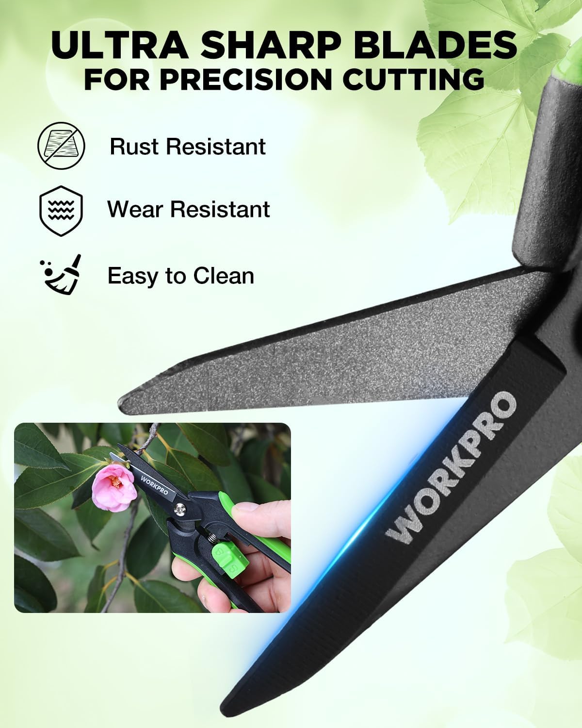 WORKPRO pruning shears with nonstick-coated, rust- and wear-resistant blades for easy cleaning