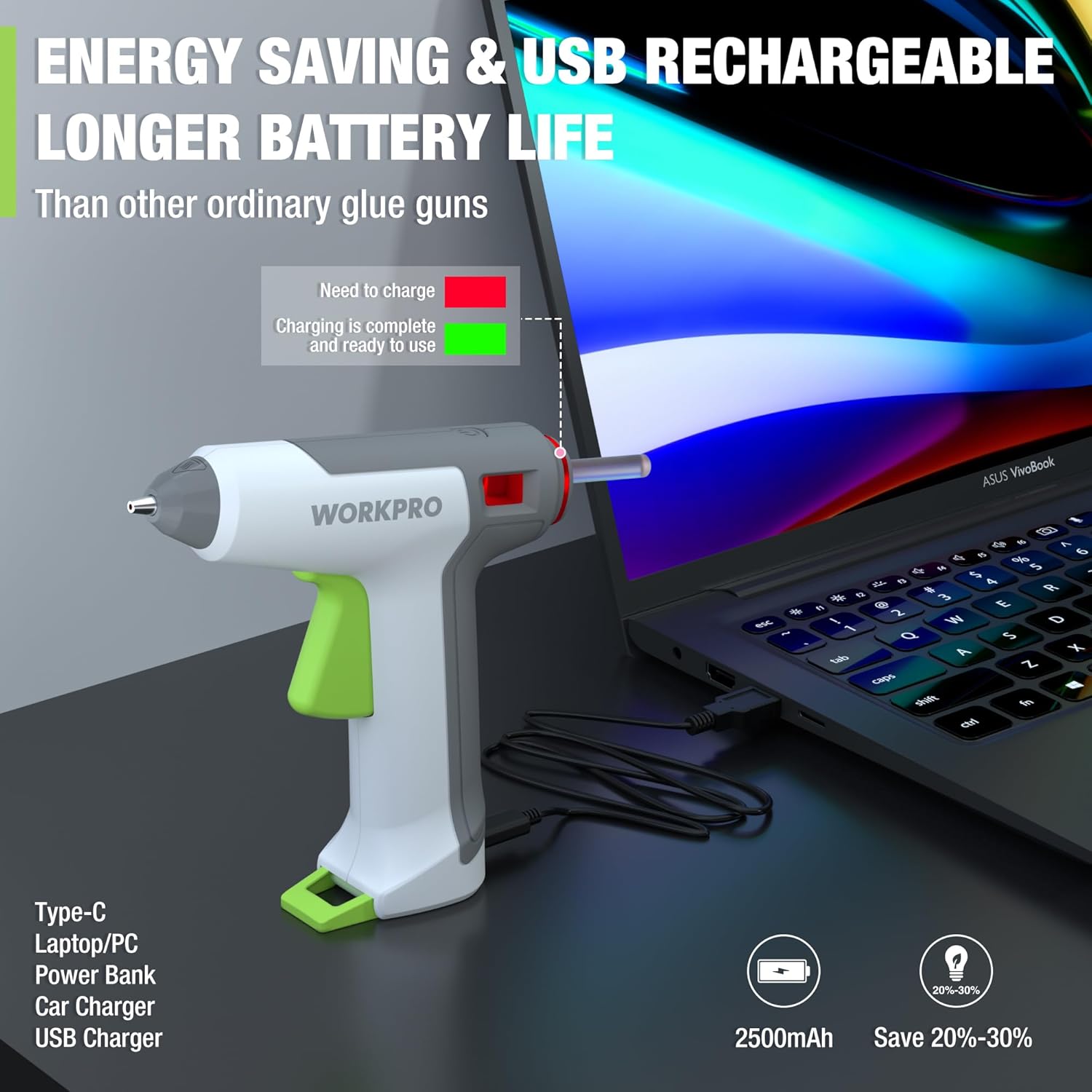 Cordless hot glue gun with green trigger and charging cable, USB rechargeable style
