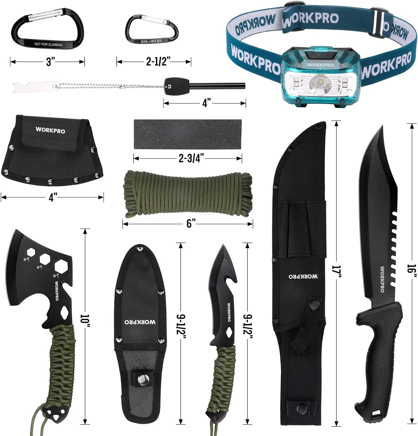 Camping hatchet set with black sheath, paracord handle, and carabiner accessory