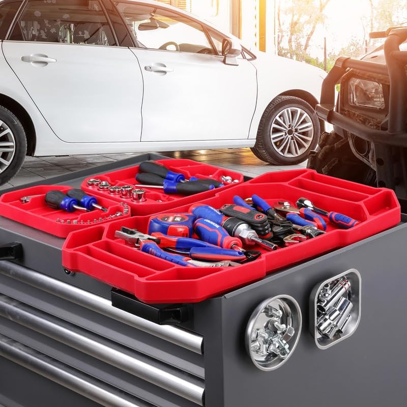 Red tool tray set with compartments holding hand tools and small metal parts