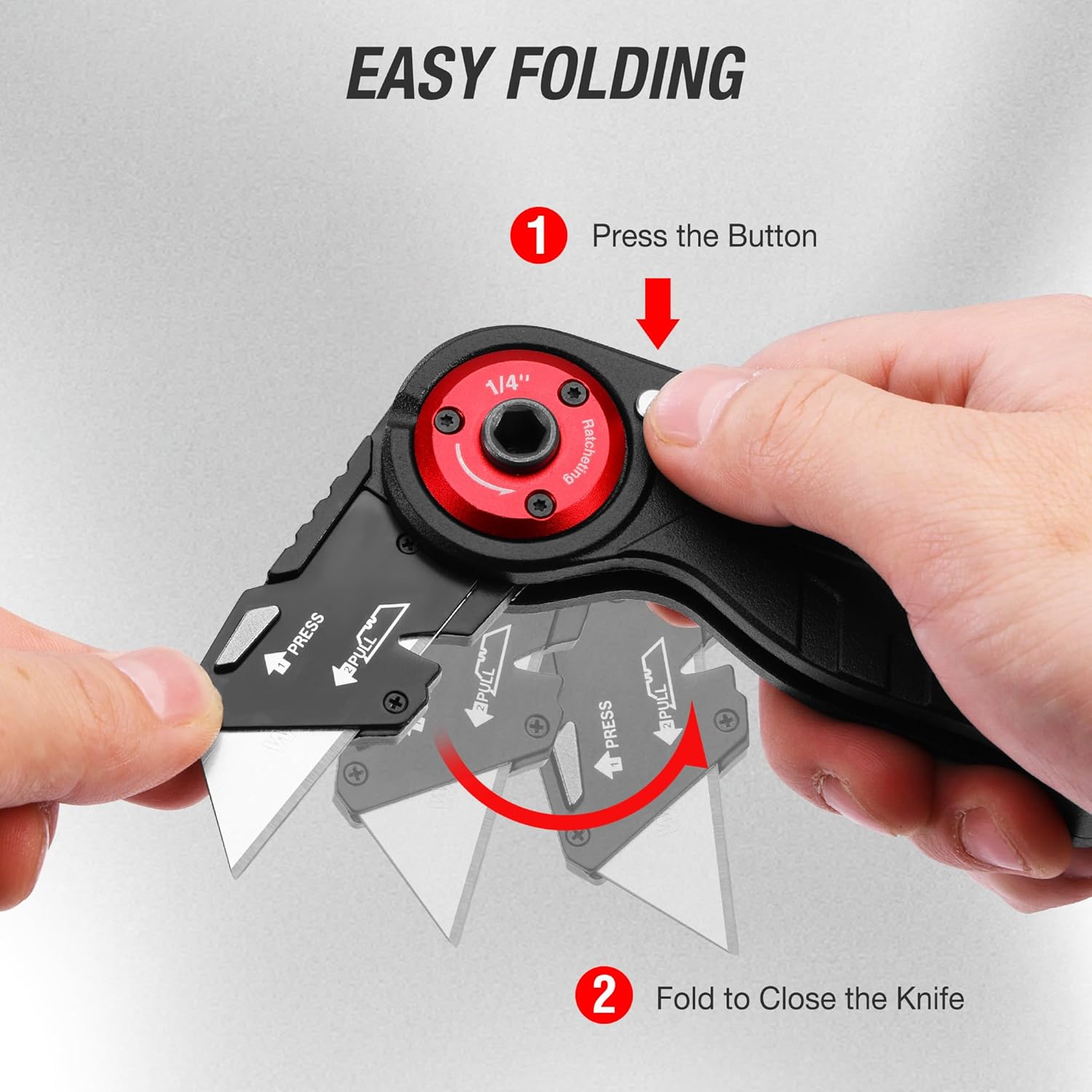 WORKPRO folding utility knife with press button and fold-close mechanism