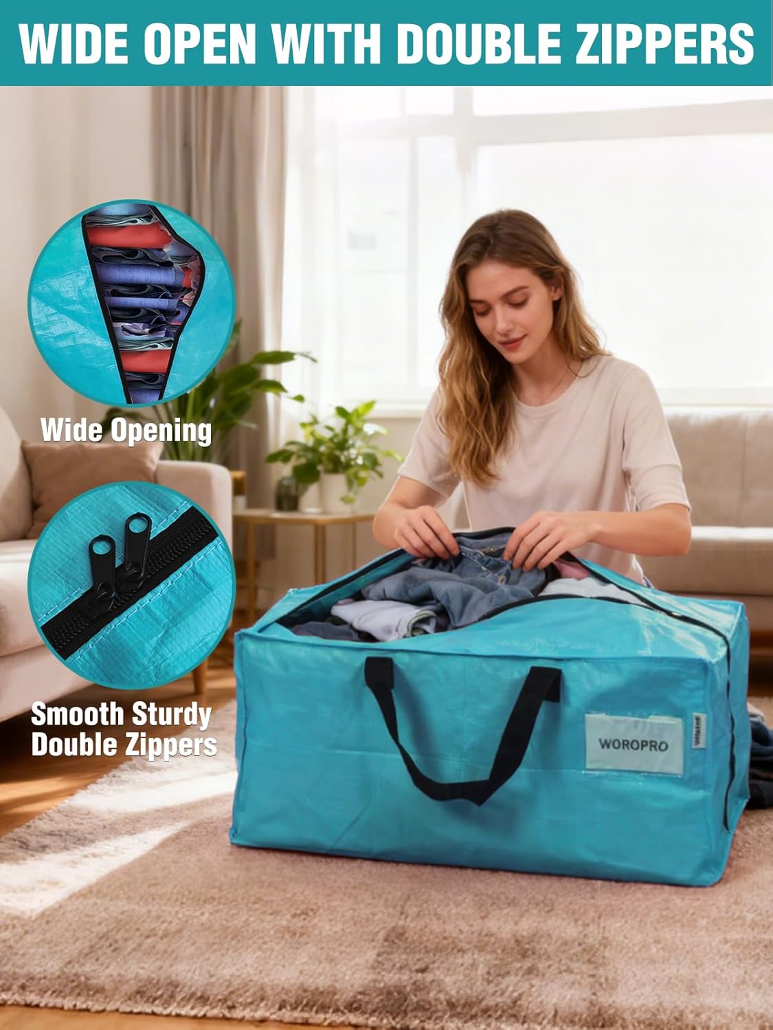 Blue extra-large storage tote with double zippers and wide opening