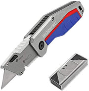 Folding pocket utility knife with metal handle, blue grip, and extended steel blade