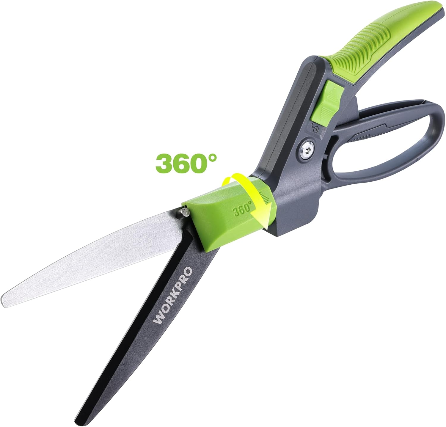 WORKPRO grass shears with green pivot housing and silver blade