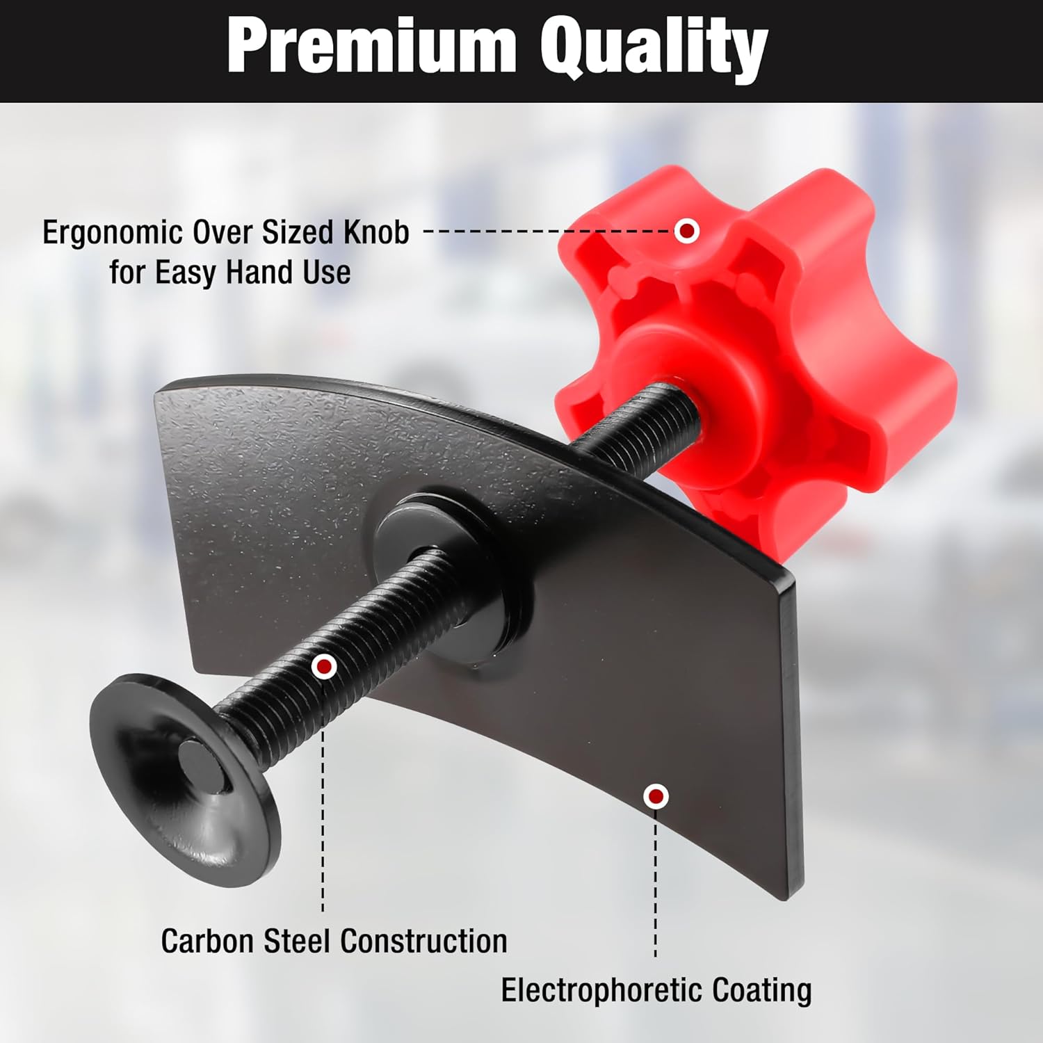 Brake pad spreader tool with red swivel knob and black steel plates, WORKPRO