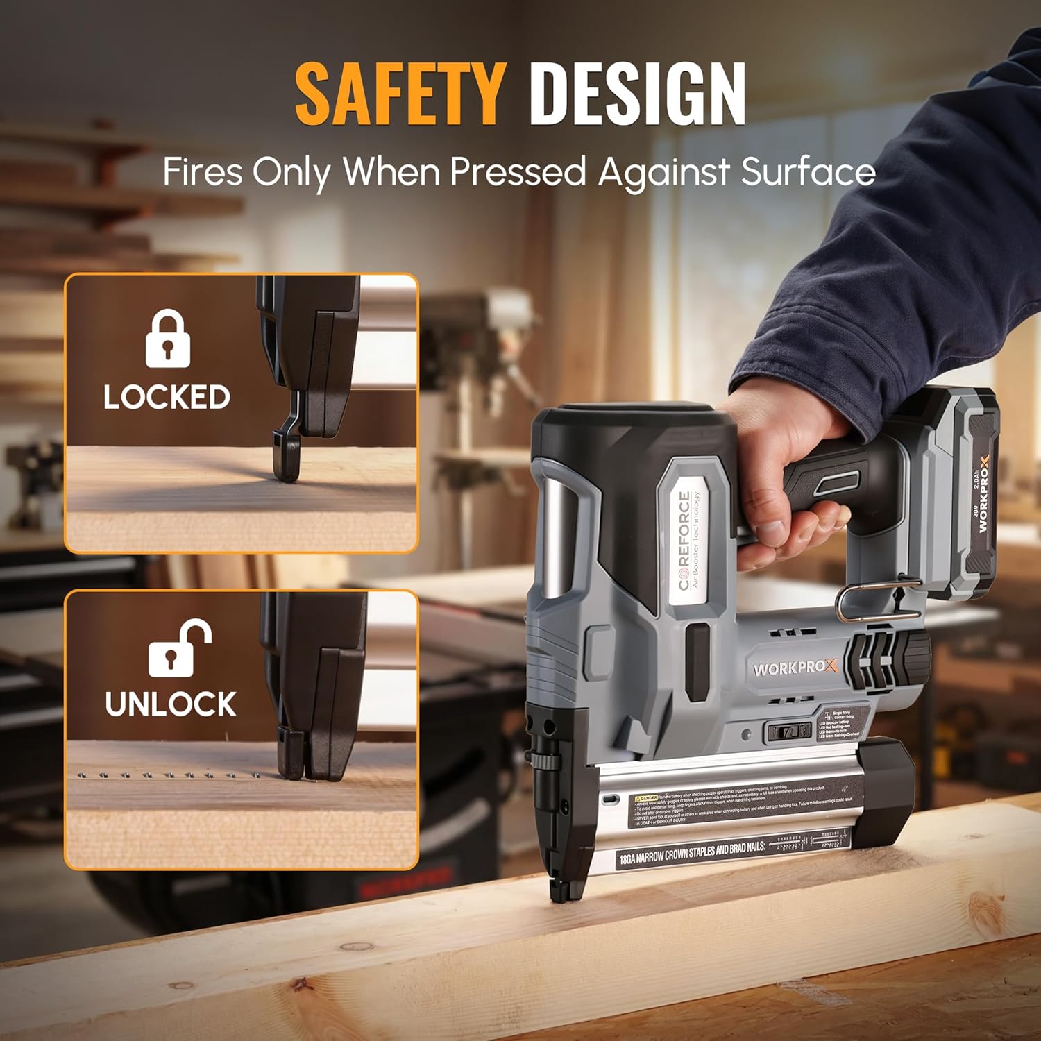 Safety-locked cordless brad nailer with LED lights and protected tip, gray and black