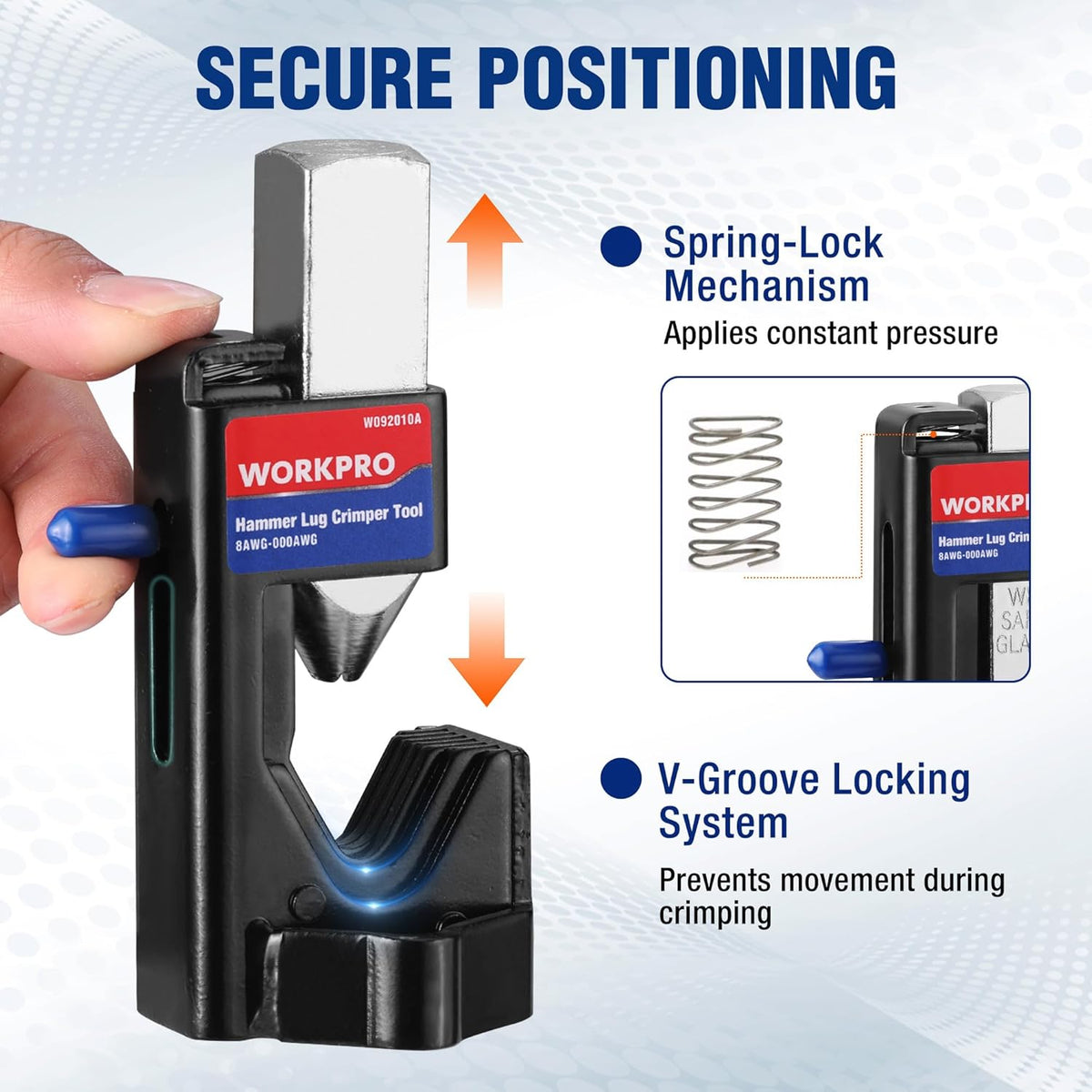 Black WORKPRO hammer lug crimper tool with spring-lock mechanism and V-groove