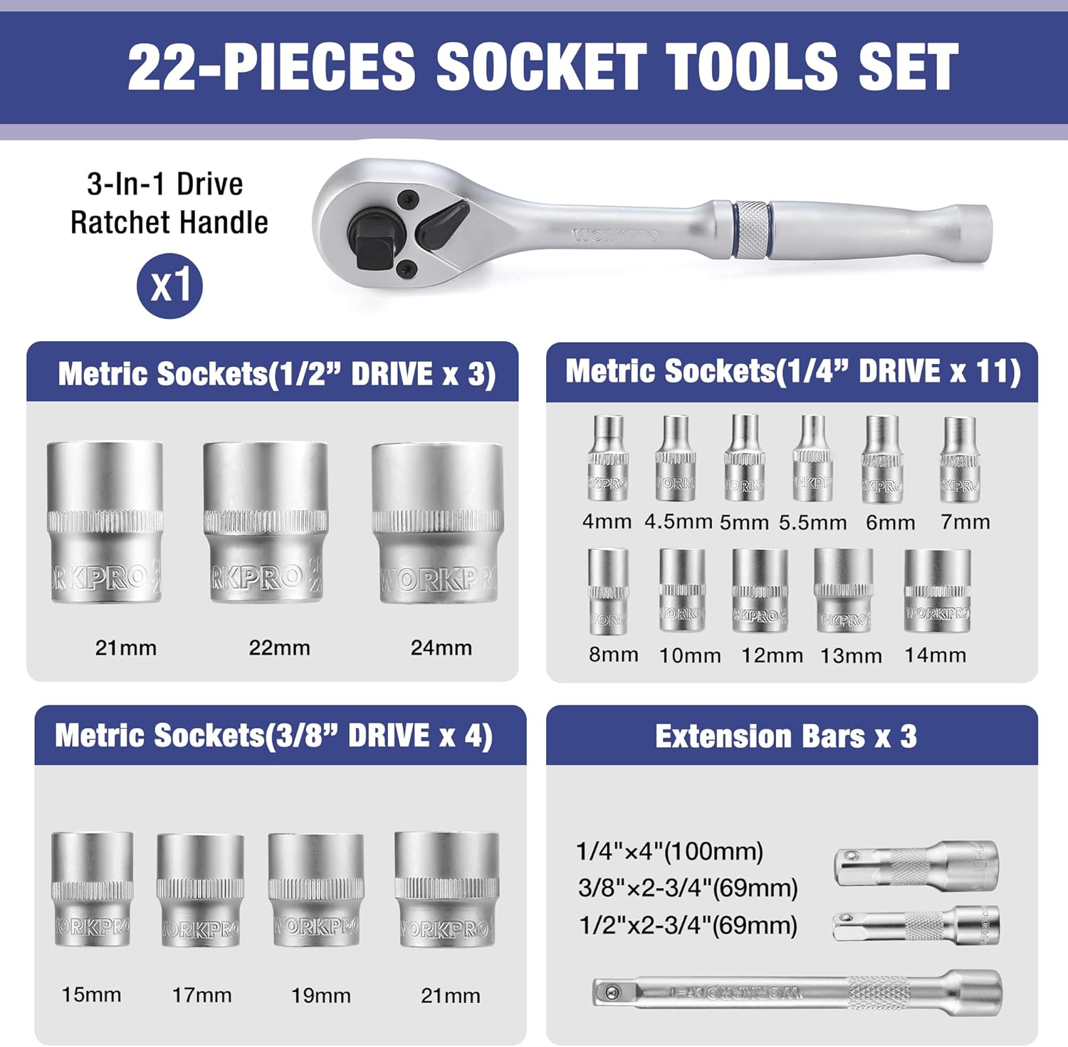 22-piece metric socket set with 3-in-1 ratchet handle, sockets, and extension bars
