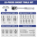 WORKPRO 22-Piece Socket Set with 3-in-1 Ratchet Handle, 1/4, 3/8, 1/2 Inch Drive Socket Wrench, CR-V Metric Socket Set, Extension Bars, Storage Box Included, Mechanics Tool Sets for Auto Repairing