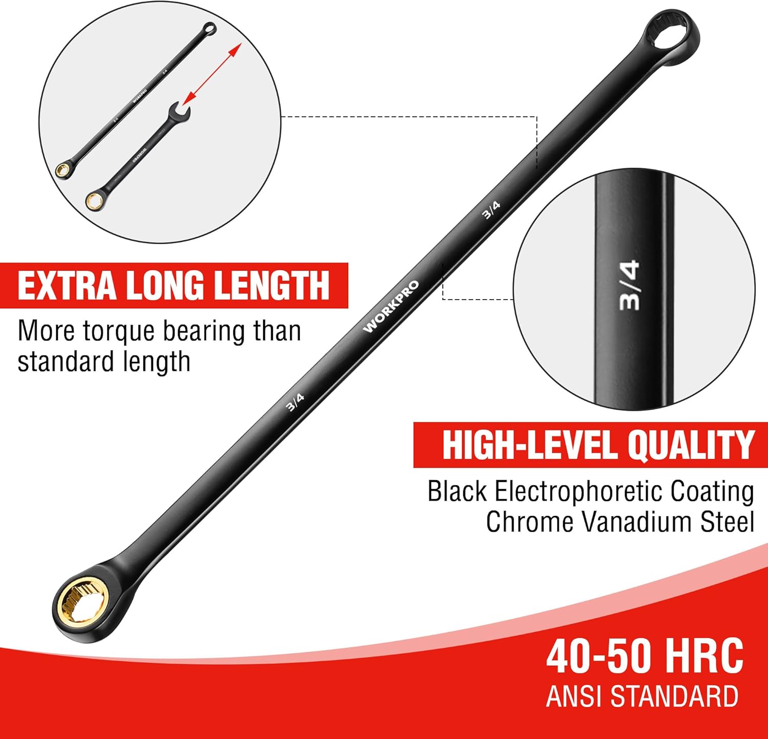 Extra-long black double-box ratcheting wrench with open end socket profile