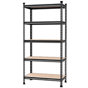 Black 5-tier boltless steel shelving unit with particleboard shelves and vented uprights