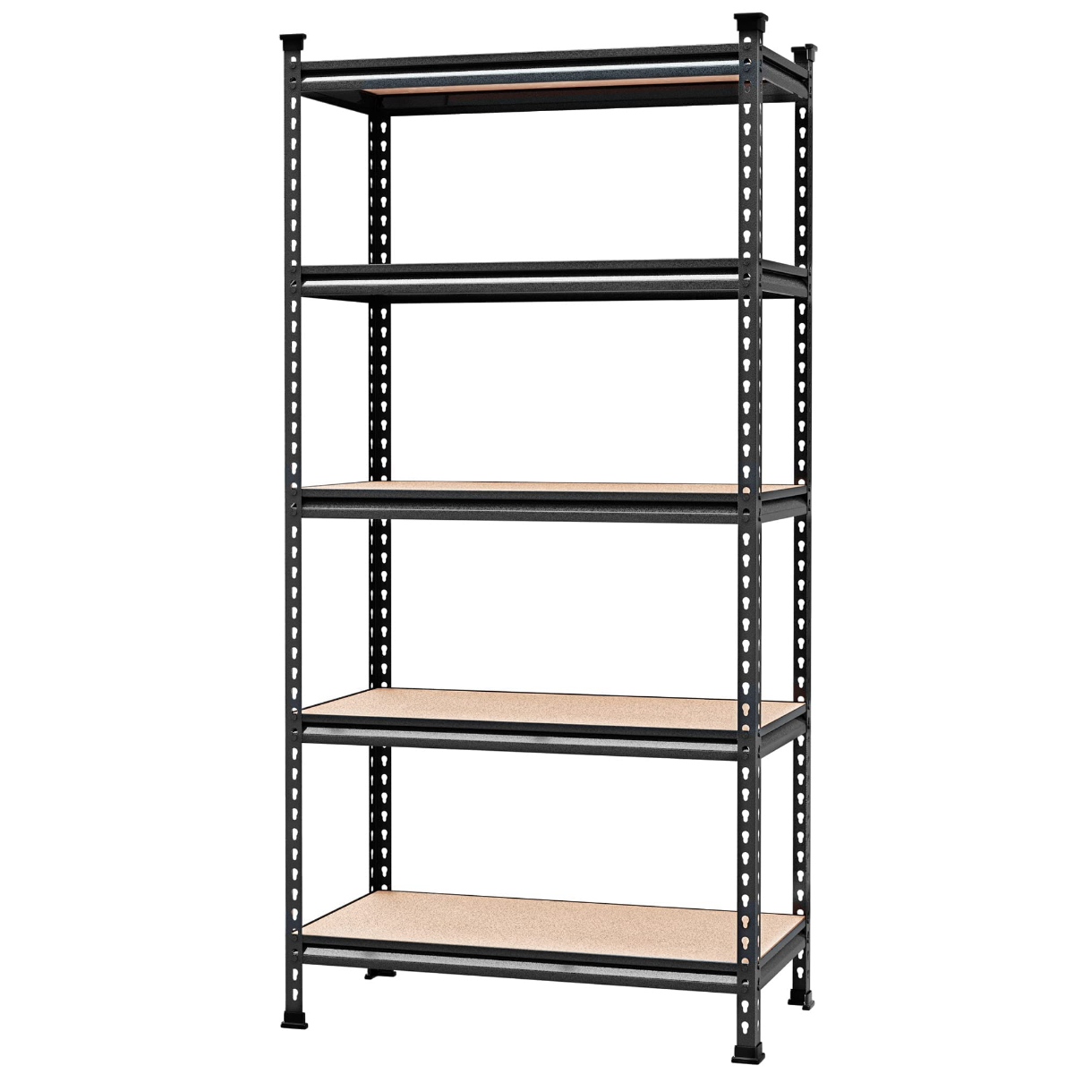 Black 5-tier boltless steel shelving unit with particleboard shelves and vented uprights