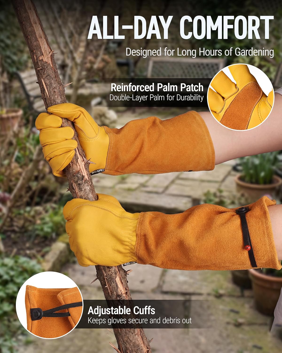 Long yellow leather gardening gloves with adjustable cuff strap and reinforced palm patch