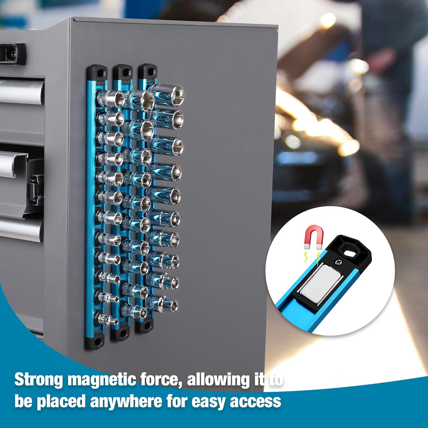 Metal socket rack panel with sky blue rail and magnetic clip holders holding chrome sockets