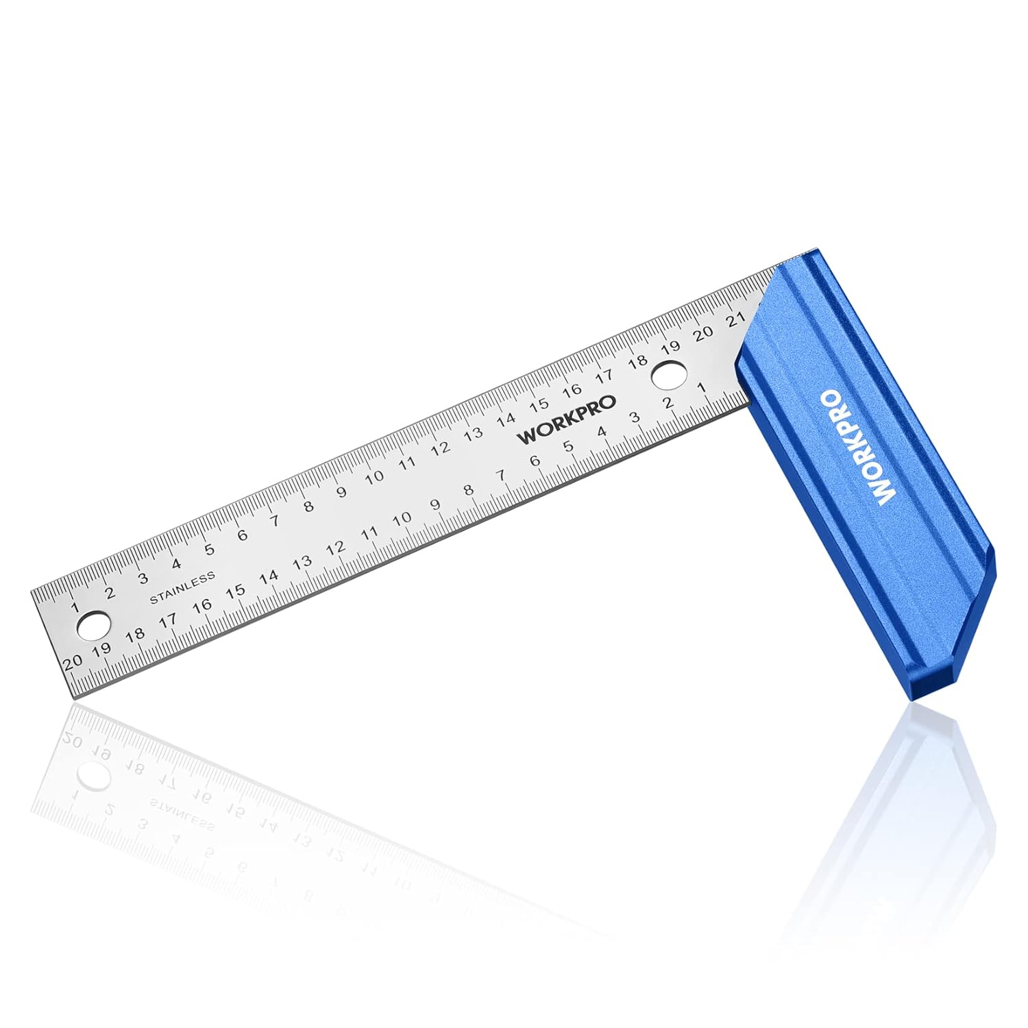 8-inch woodworking try square with blue aluminum handle and silver stainless steel blade
