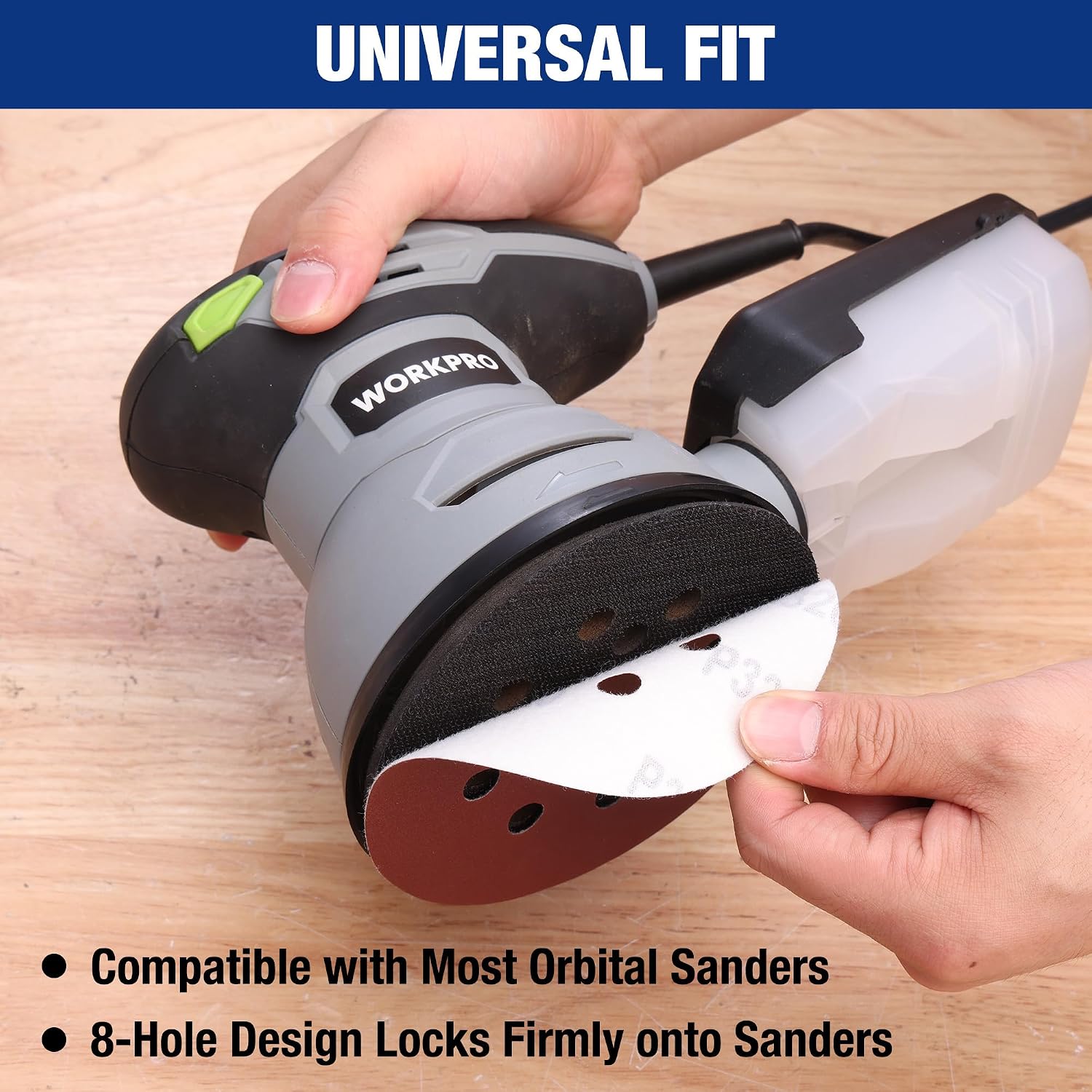Hook-and-loop sanding disc on random orbital sander, 8-hole edge design visible