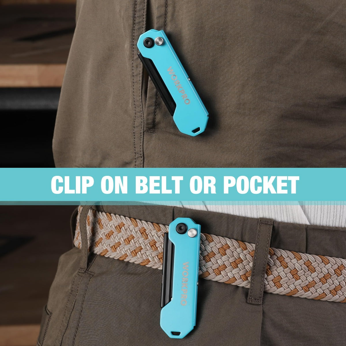 WORKPRO folding utility knife clipped to pants pocket, teal blue handle and black blade