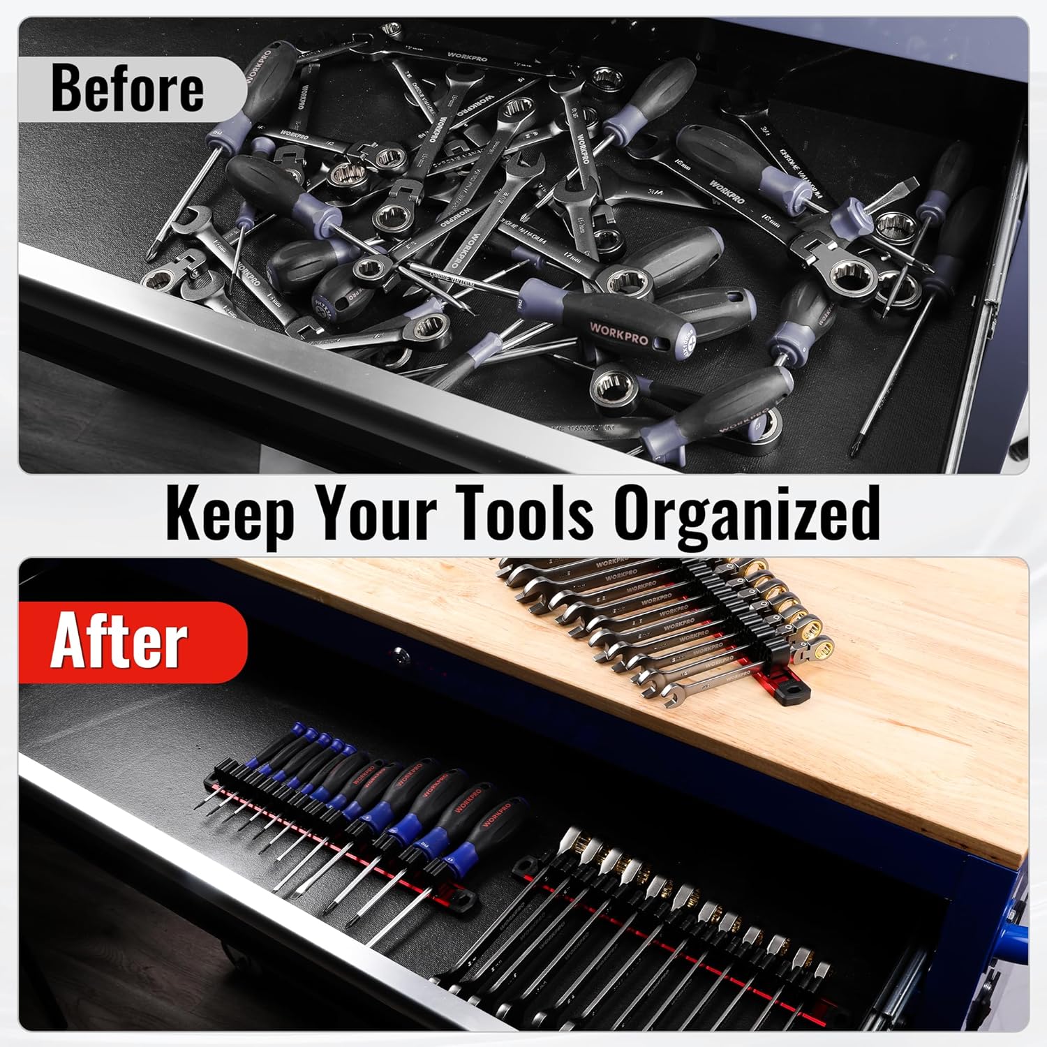 Tool organizer drawer with rows of magnetic screwdriver and wrench holders, black and wood