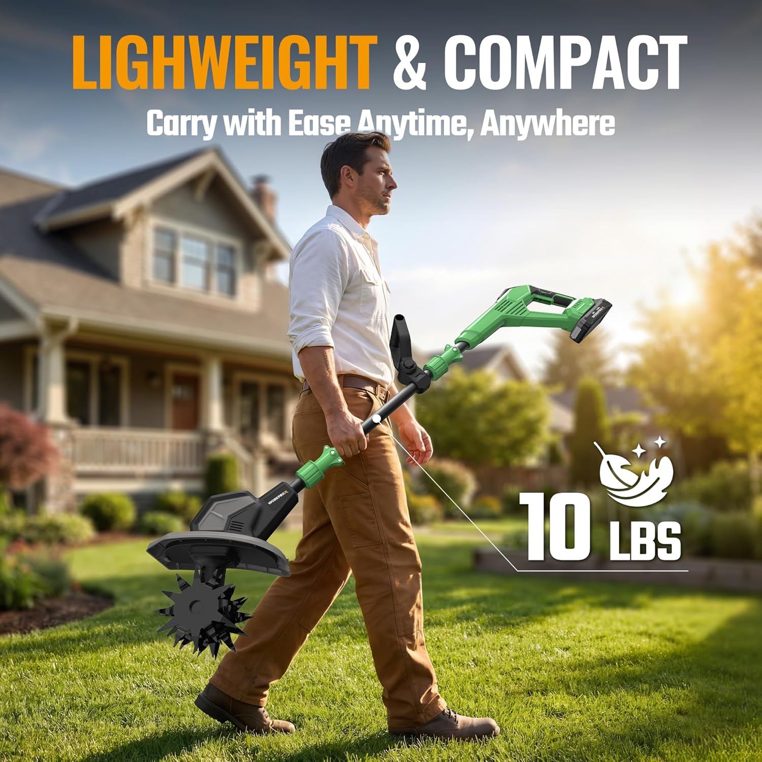 Lightweight compact cordless garden rototiller with green shaft and black tilling head