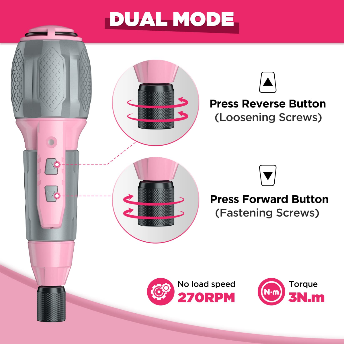 Pink cordless screwdriver with dual-mode buttons for forward and reverse screwdriving