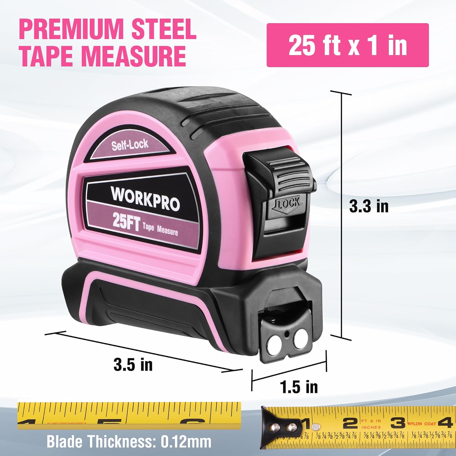 Pink 25 ft tape measure in black-and-pink case with self-lock slider and belt clip
