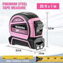 WORKPRO 25FT Pink Tape Measure, Dual Lock Tape Measure with Fractions Every 1/8" and 1/32" Accuracy, Quick Read, Nylon Coated with Magnetic Hook, Shock-Resistant Case and Belt Clip - Pink Ribbon
