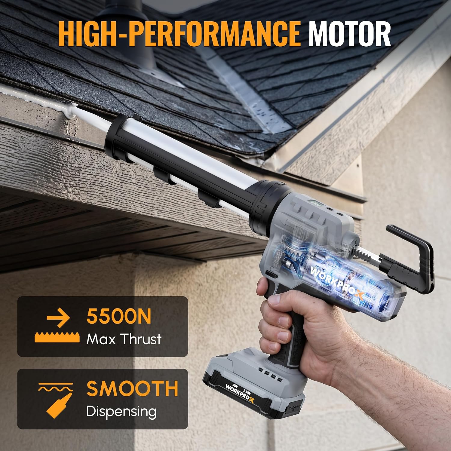 Handheld cordless caulking gun with dispensing nozzle aimed at a narrow gap