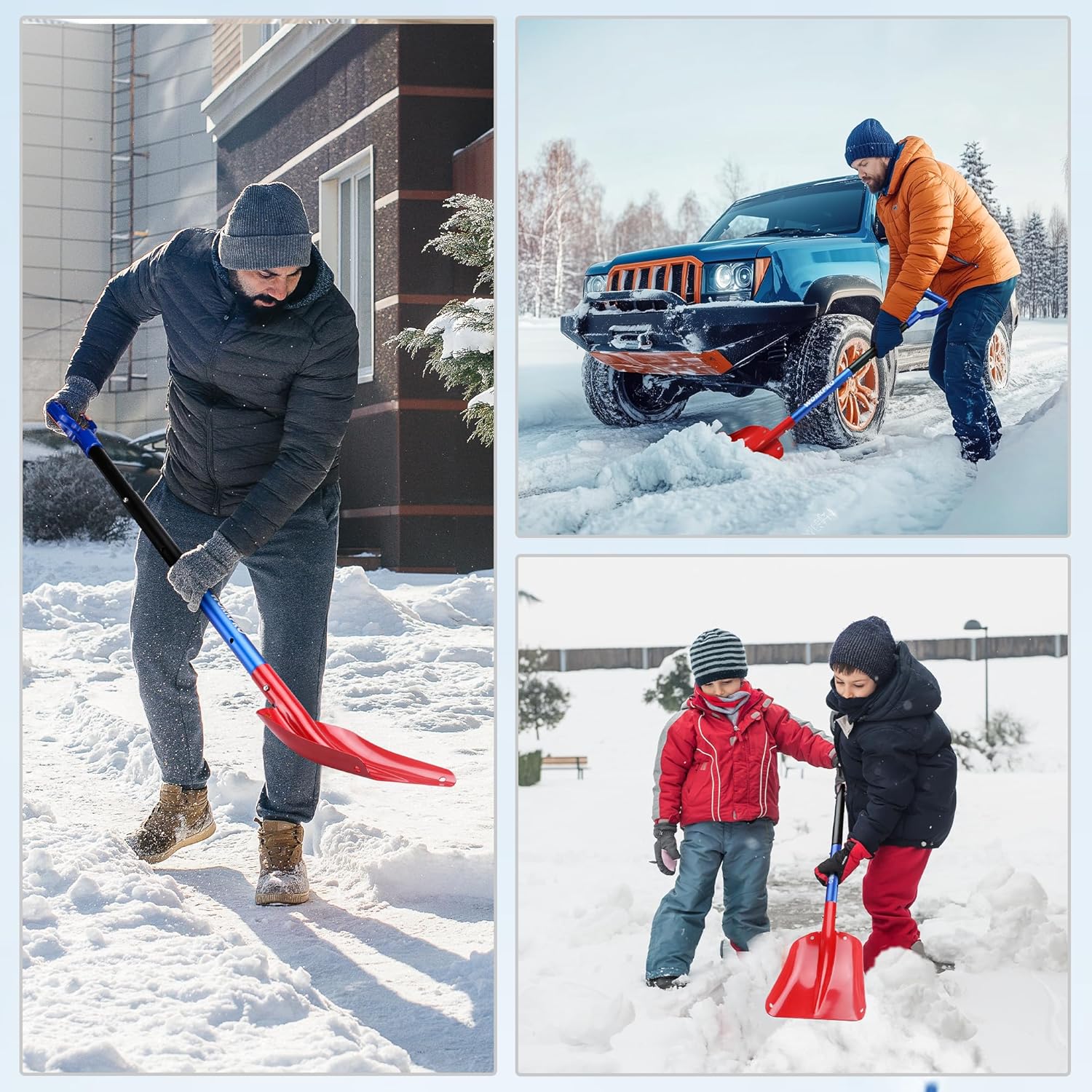 Snow shovel with red blade and blue handle used to clear a driveway path.