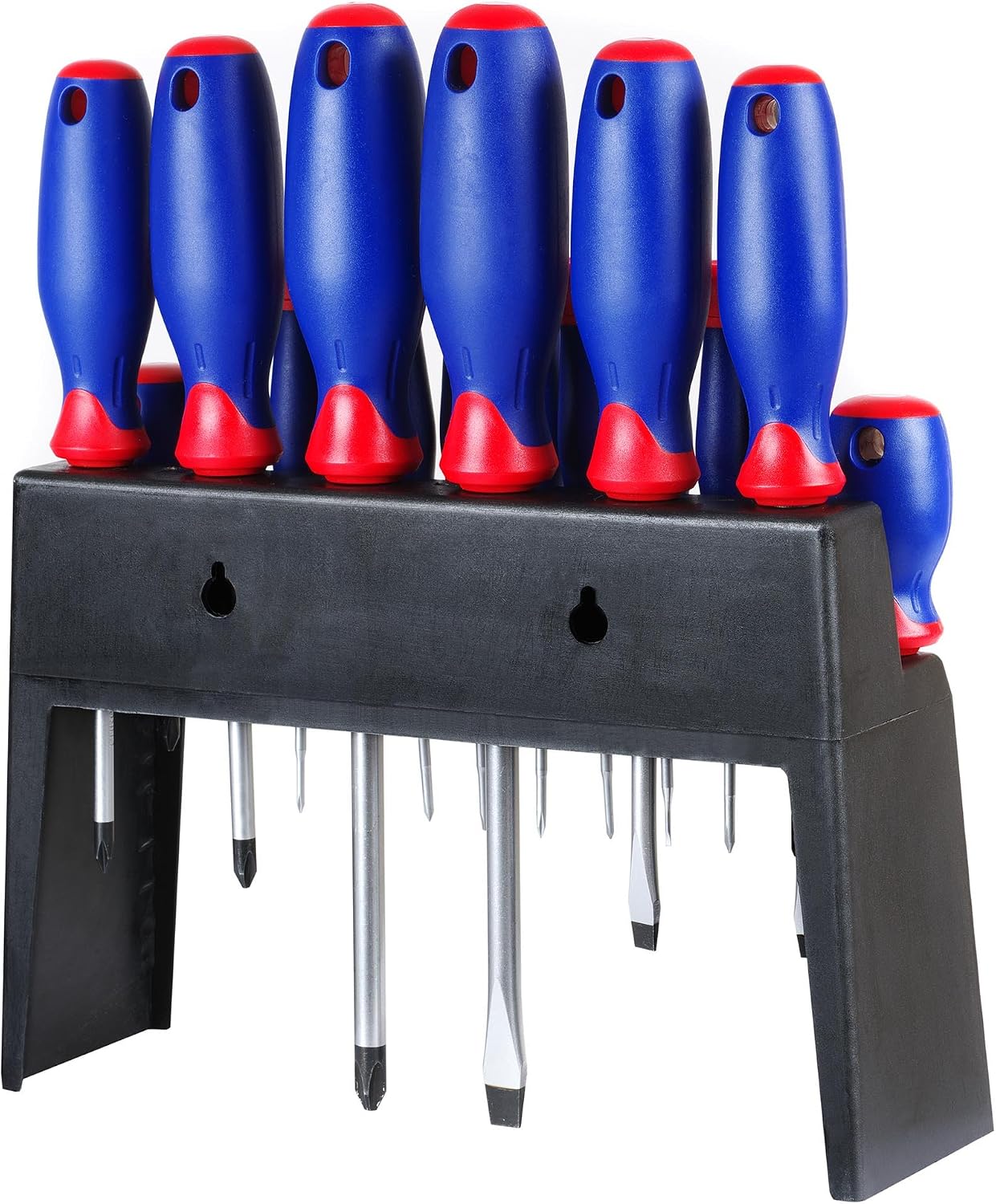 Screwdriver set in black rack with blue-and-red handles, shafts exposed