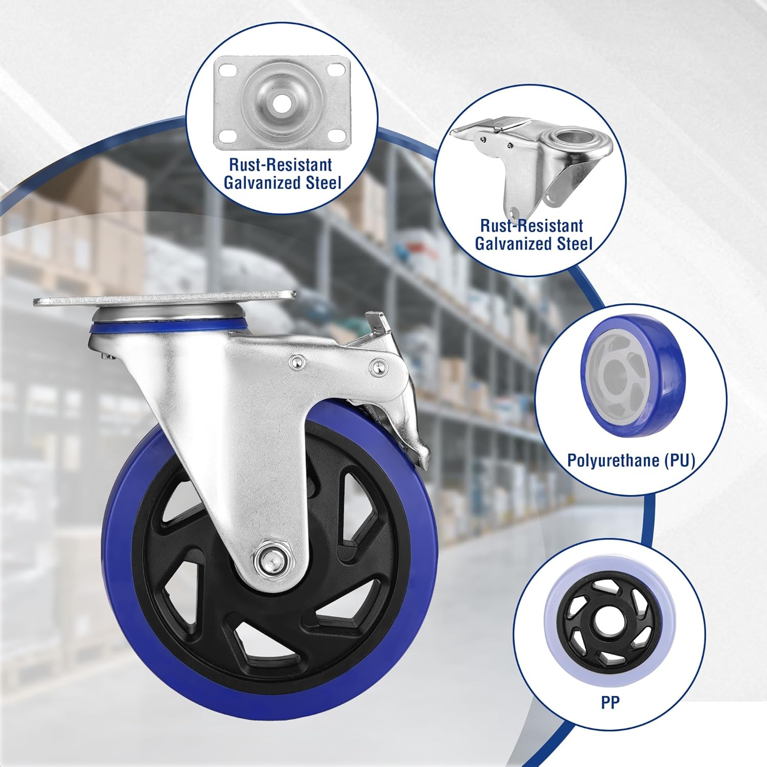 Galvanized steel swivel caster with blue PU wheel and black hub