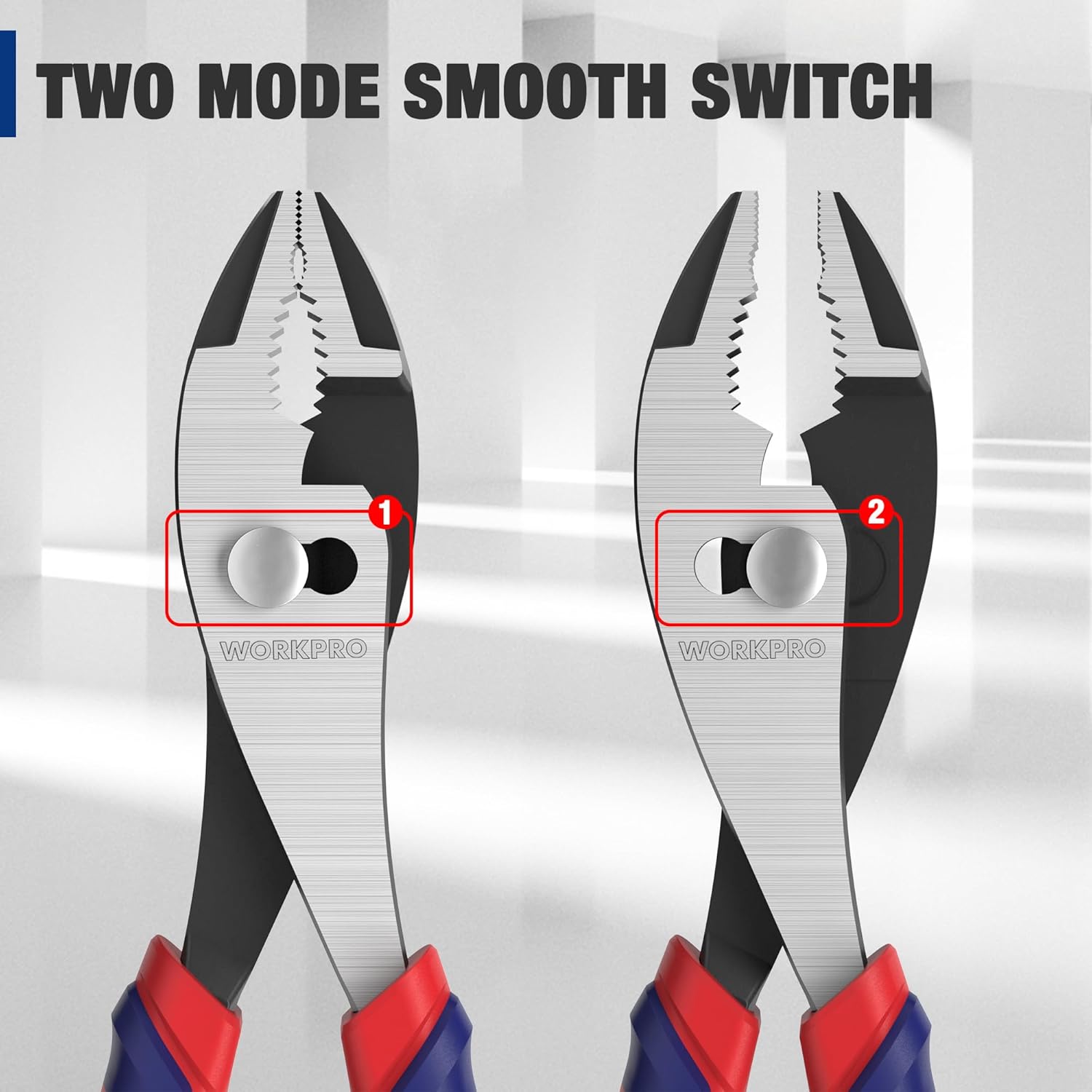 WORKPRO slip joint pliers with two-position adjuster and red-and-blue soft grip