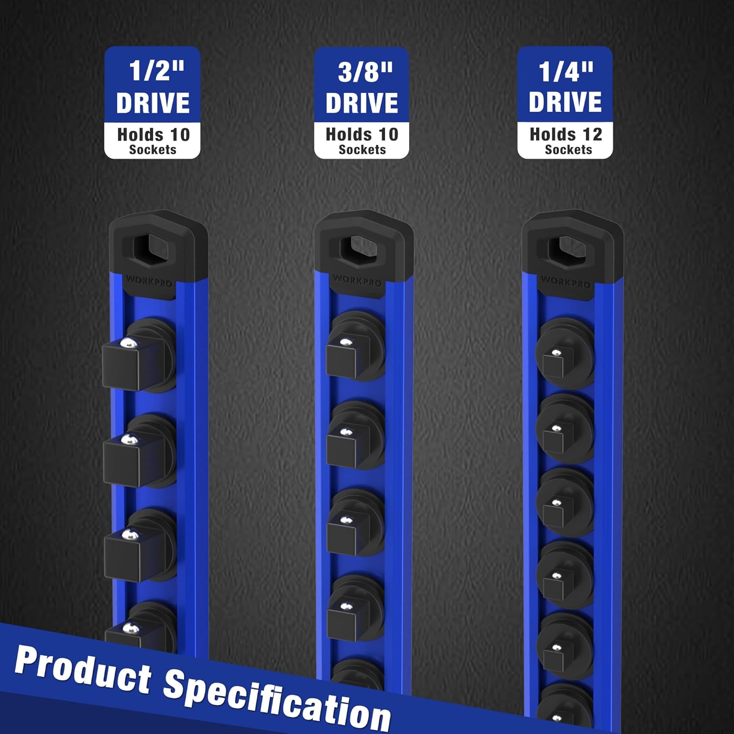 Blue 1/2 in drive socket rail holding 10 sockets with black clips