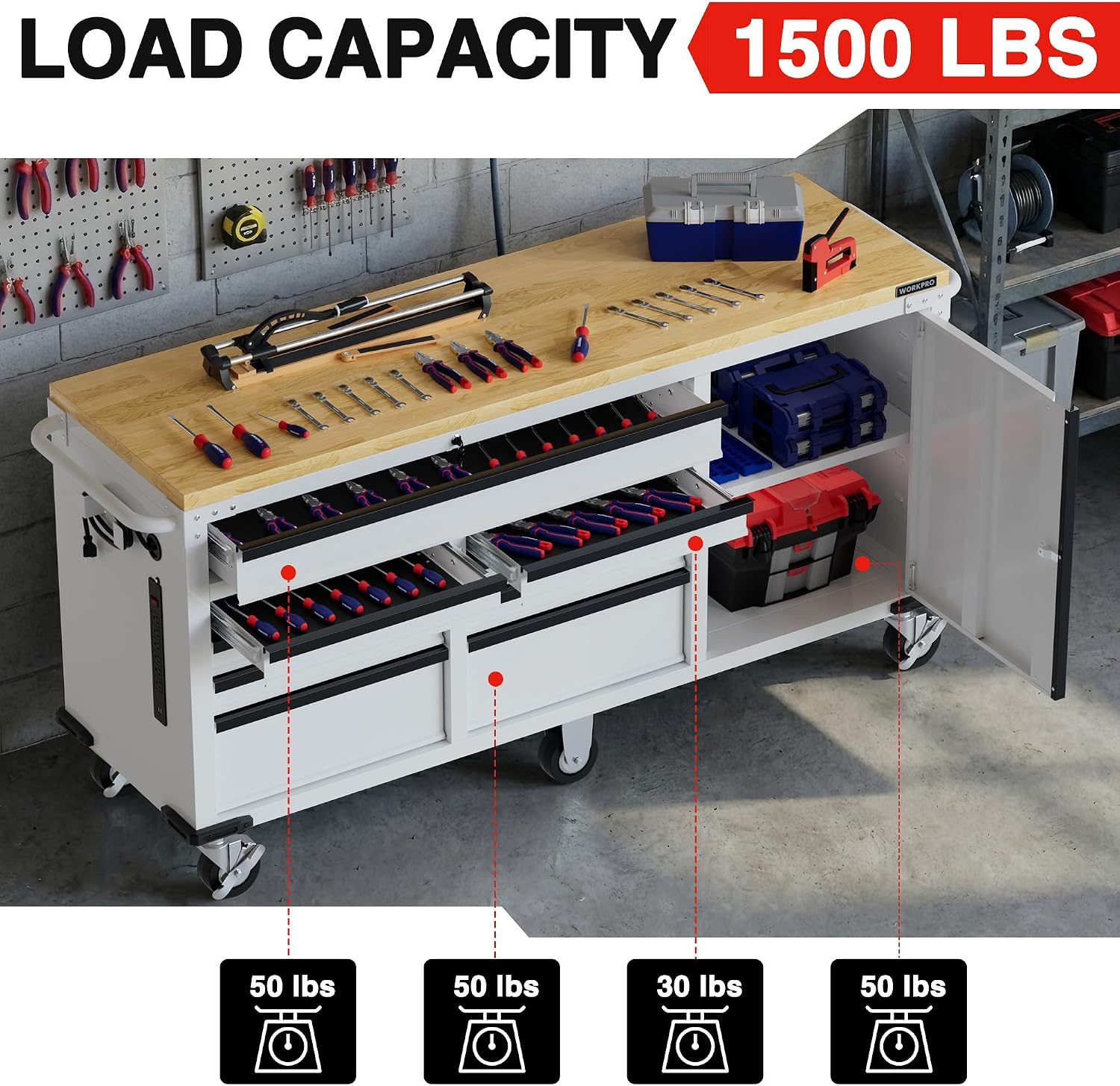 Mobile tool chest with open drawers and cabinet door for heavy-duty tool storage