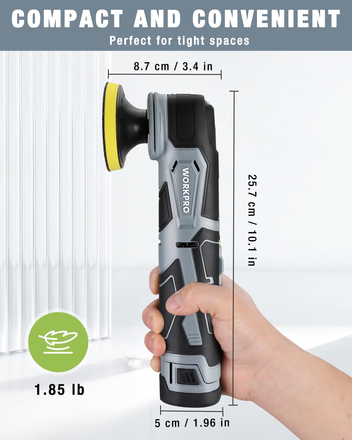 WORKPRO cordless mini buffer polisher with round yellow polishing pad, compact handheld size