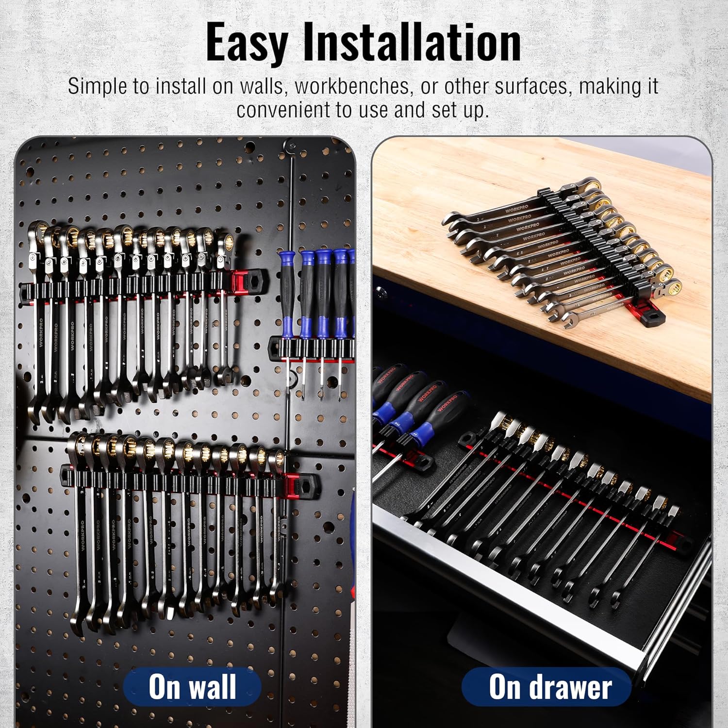 Magnetic tool organizer rail for wall or drawer storage, with moveable slots for tools.