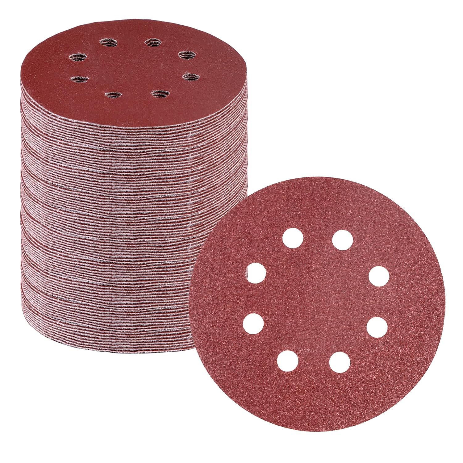Maroon hook-and-loop sanding discs stack, round design with multiple 8-dust holes