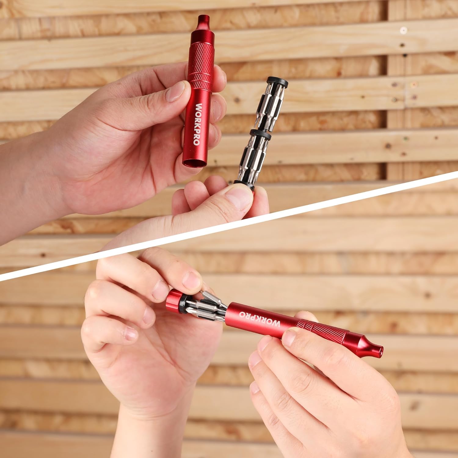 Red mini screwdriver with interchangeable bit held by hands
