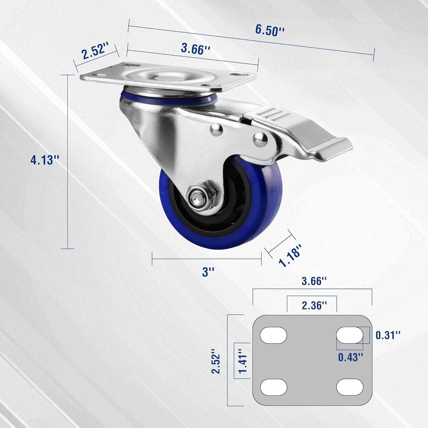 Silver swivel caster with blue wheel and mounting plate with bolt holes, side view with scale marks