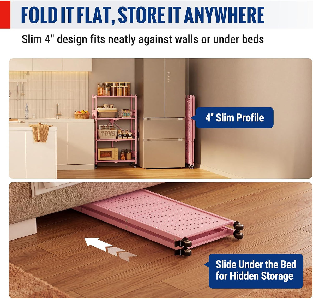 Pink collapsible shelf unit folded flat with caster wheels for under-bed storage