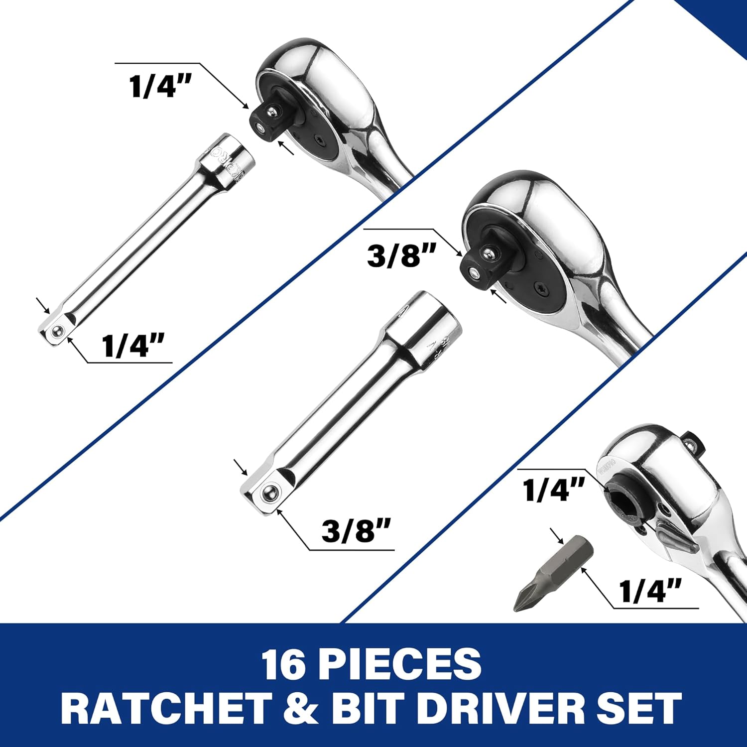 Chrome stubby ratchet driver set with 1/4 and 3/8 extensions, sockets, and hex bits