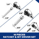 WORKPRO Stubby Ratchet & Bit Driver Set 16 PCS, 1/4", 3/8" Drive Ratchet Handle Wrench, 72-T Quick-Release Reversible Socket Wrench, 2 Socket Adapters, 2 Extension Bars, 10 PCS 1/4" Hex Bits