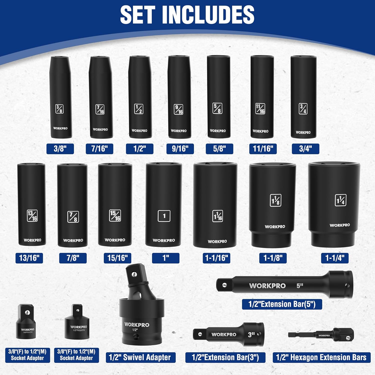 WORKPRO 20-piece 1/2-inch drive deep impact socket set, black 6-point sockets and adapters