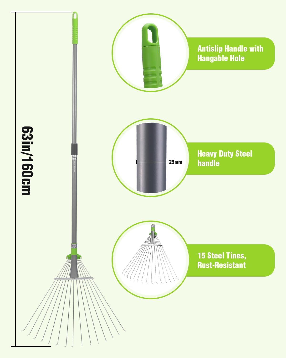 Heavy duty steel yard rake with green anti-slip handle and wide fan of tines