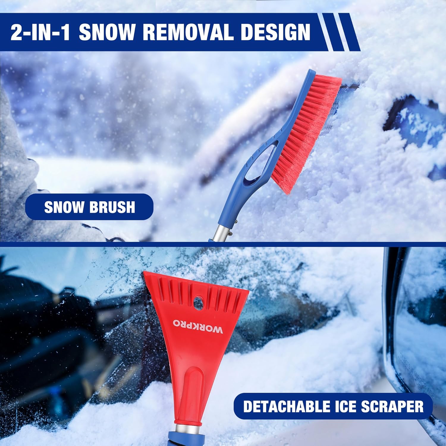2-in-1 snow brush with detachable red ice scraper for car and windshield clearing.