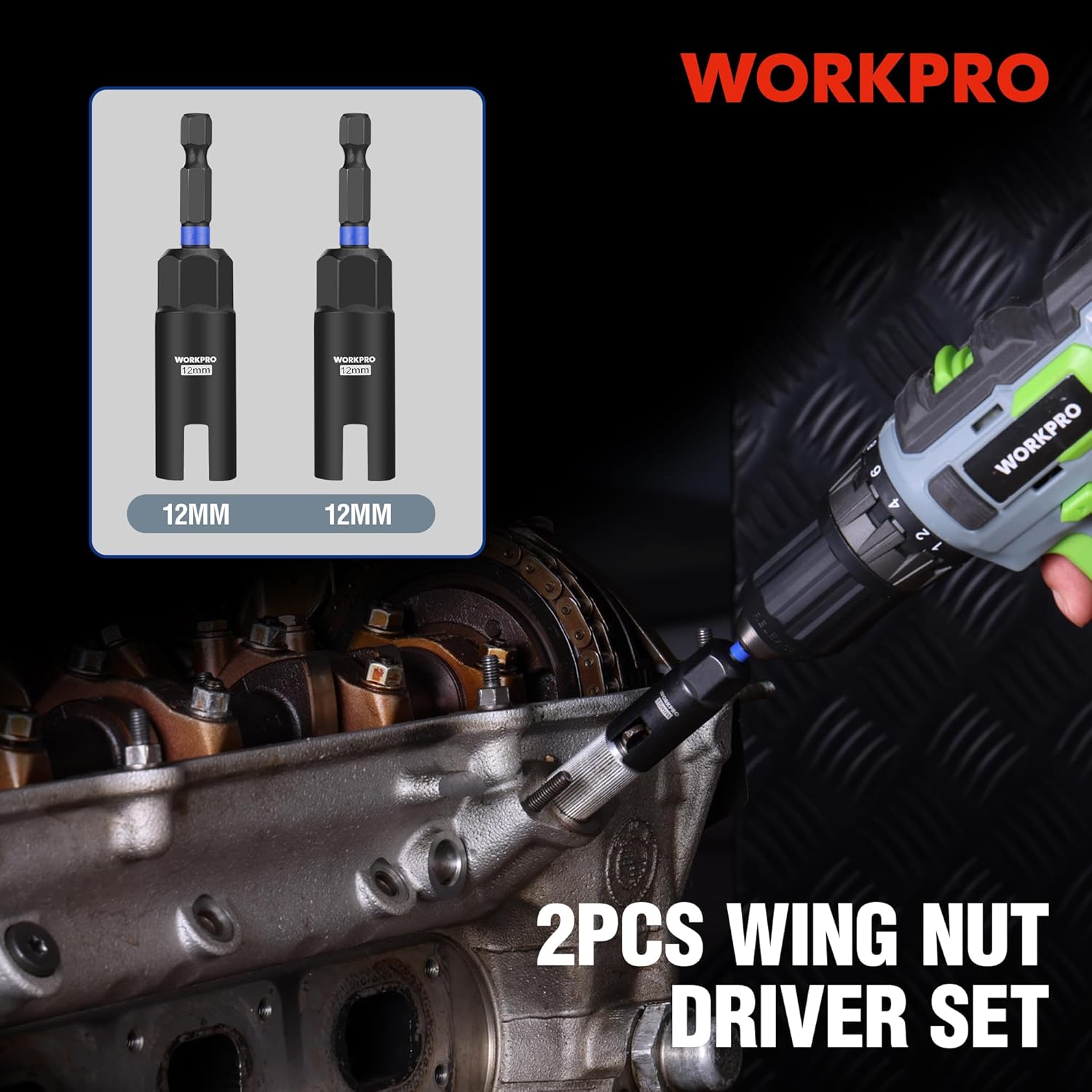 WORKPRO 2-piece wing nut driver set, black sockets with blue bands, shown side by side.