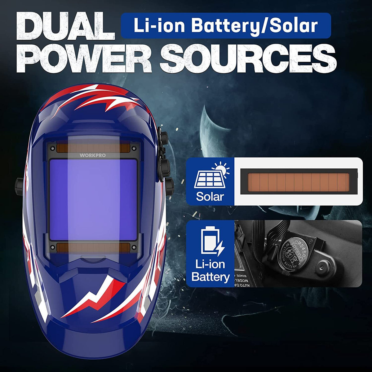 WORKPRO Welding Helmet 4 Arc Sensors True Color in blue with innovation, quality, secure, durable, convenient
