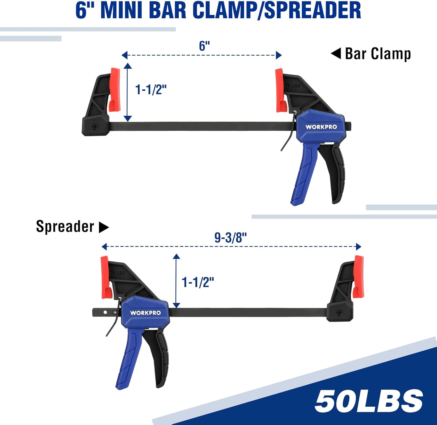 6-inch mini bar clamp and spreader-style bar clamp, blue handle, black jaw, red end