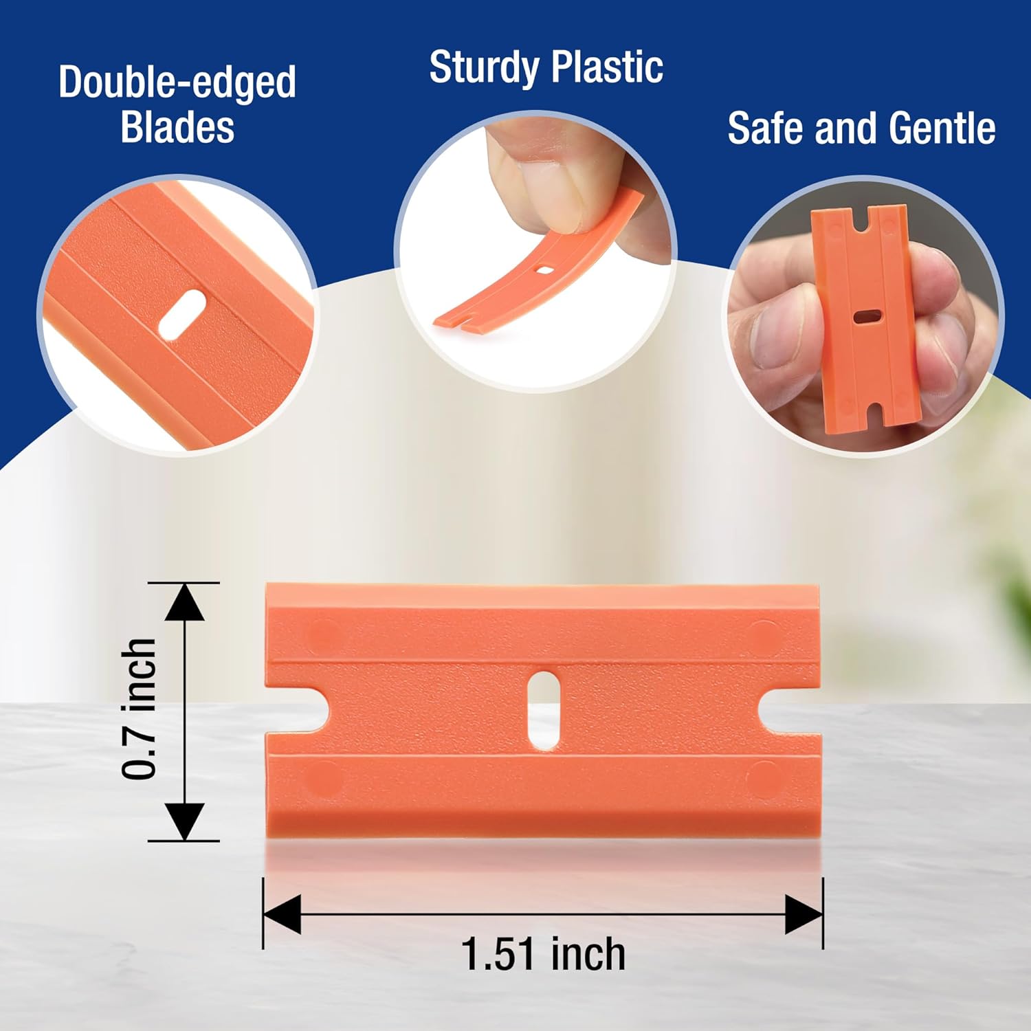 Orange double-edged plastic razor blade refill with center cutout and size markings
