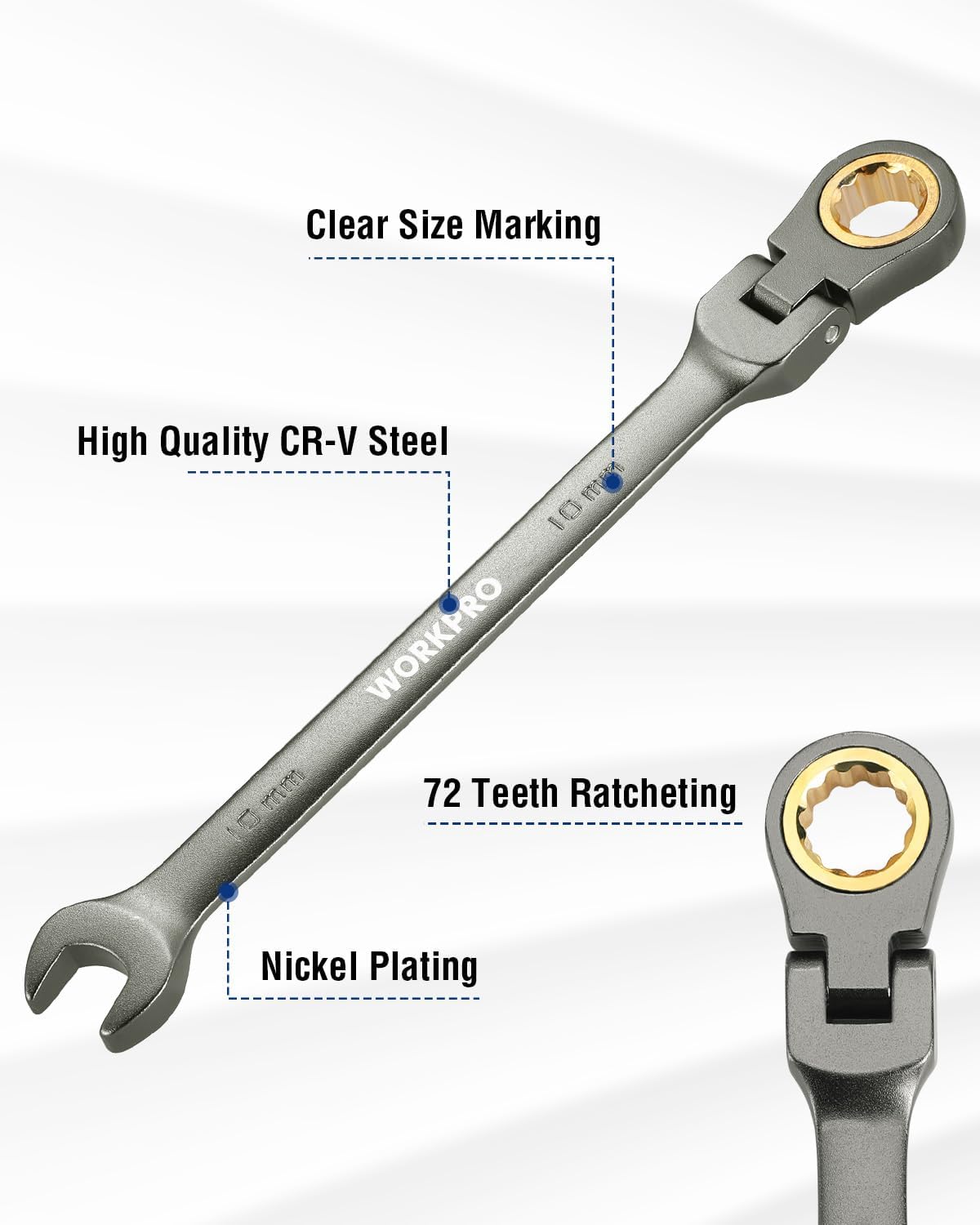 10 mm flex-head ratcheting combo wrench, nickel-plated, 12-point jaw